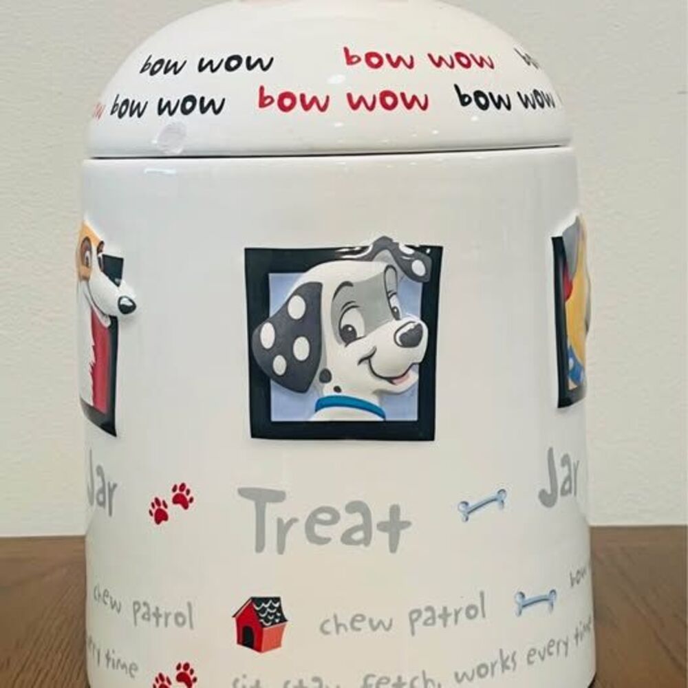 Authentic Dog Treat Jar – Ceramic Canister | Bone Lid | Cute Cartoon Dogs RARE